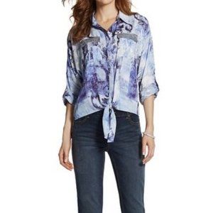 CHICO'S Roll Up Sleeve Front Tie Shadow Scroll Top NWT